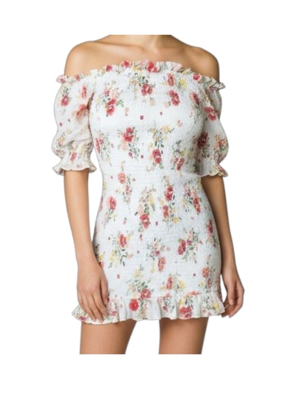 Aqua White Floral Smocked Mini Dress with Red and Yellow Blooms